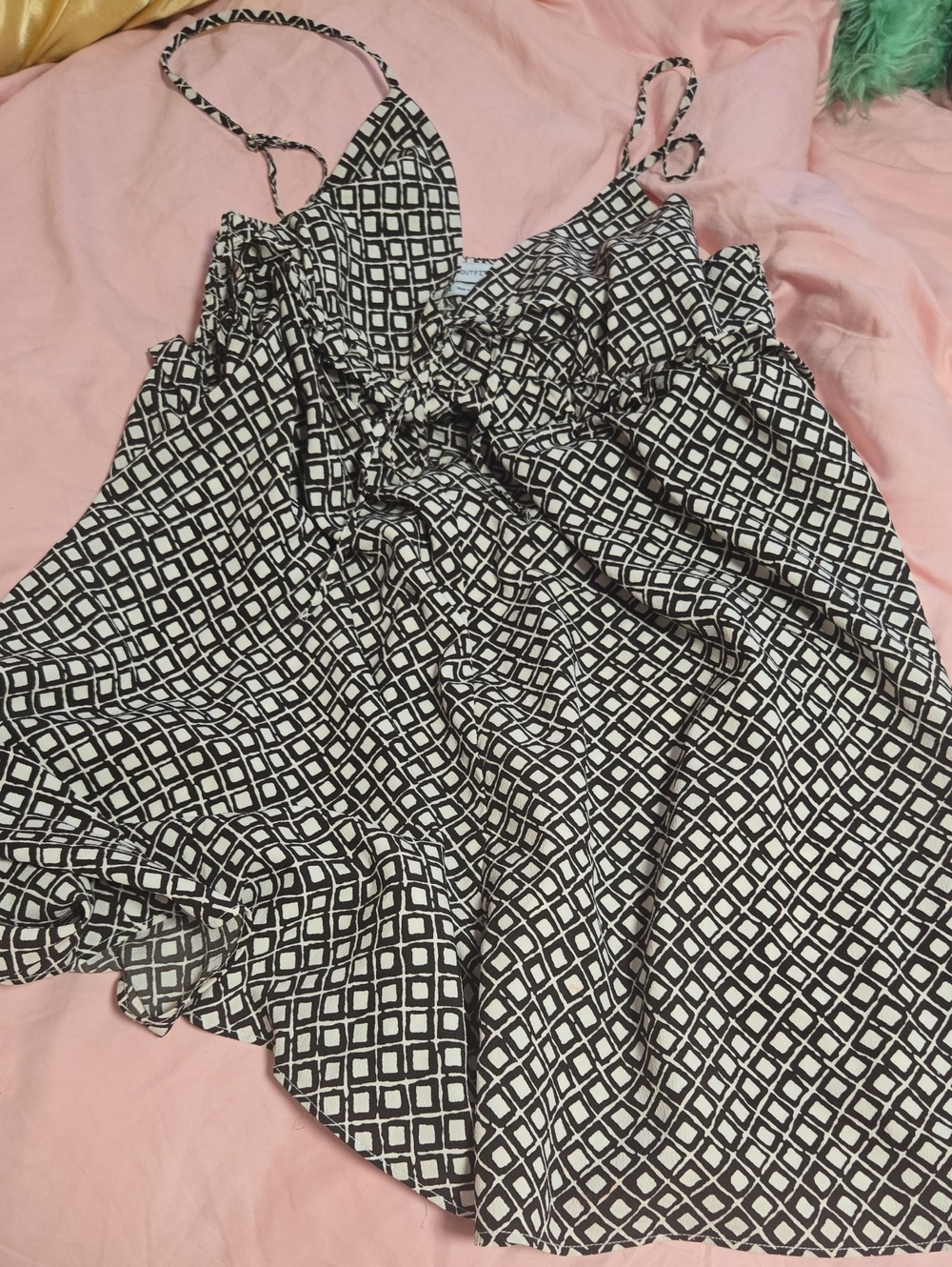 UO Black and White Diamond Print Spaghetti Strap Romper.